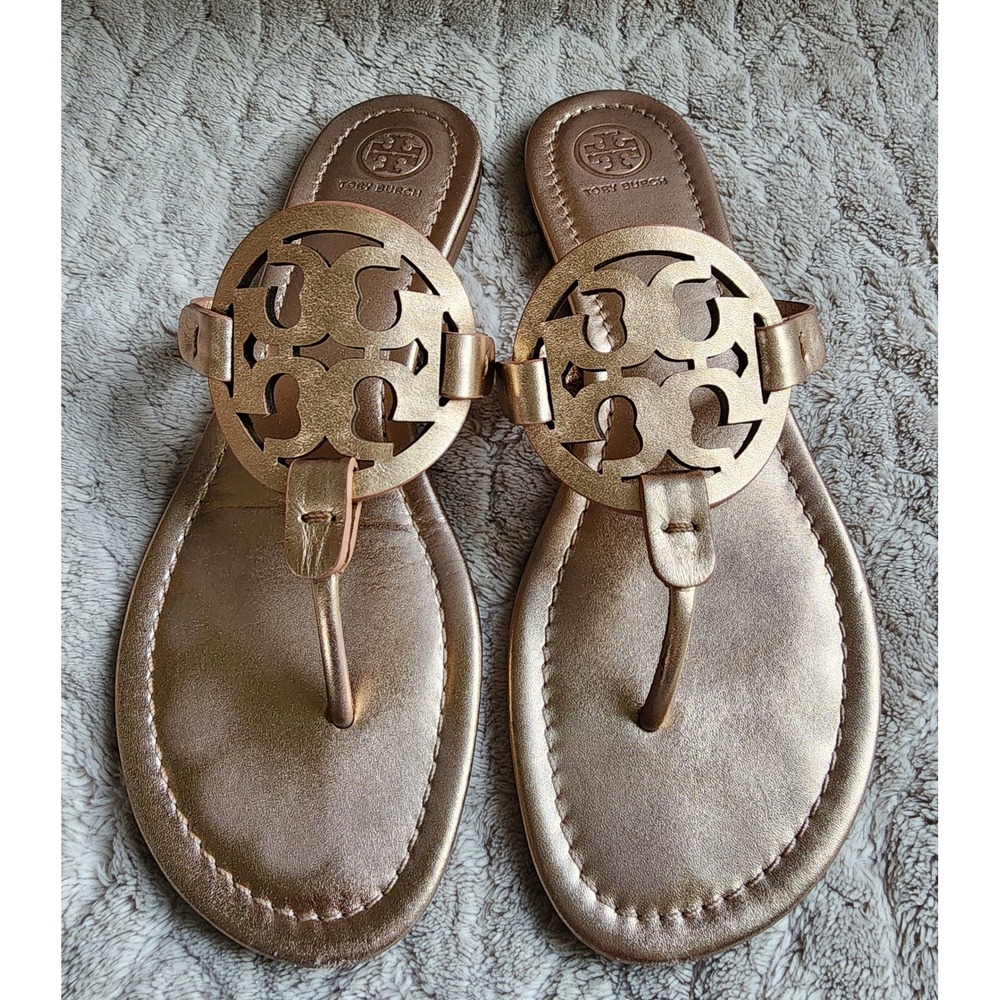 Tory Burch Miller Sandals Rose Gold Metallic Leather Logo Thong Flats 9M